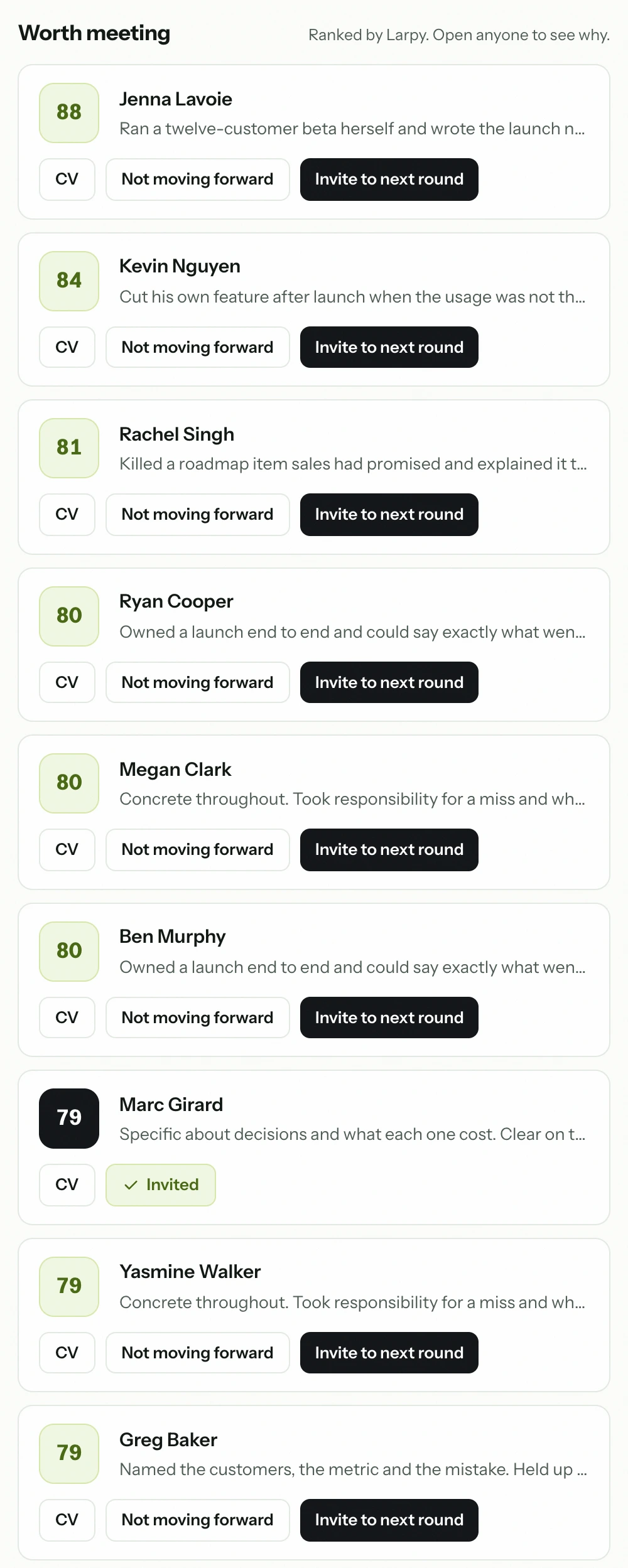 The people worth meeting for a Product Manager role, ranked by Larpy: Jenna Lavoie 88, Kevin Nguyen 84, Rachel Singh 81.