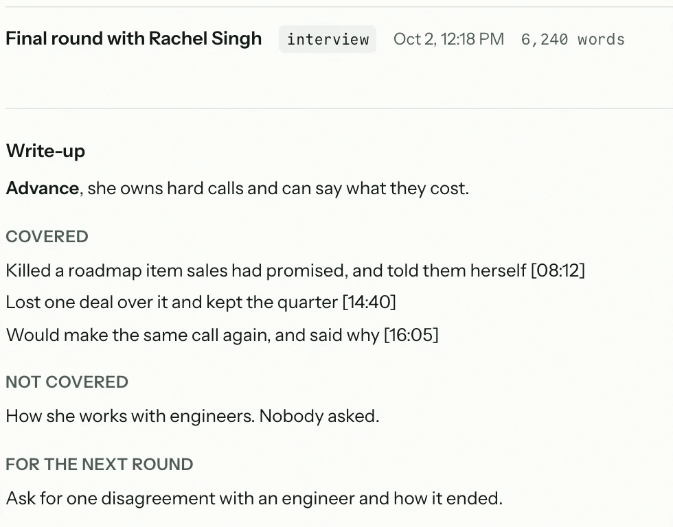 Larpy’s write-up of the final round: Advance, what was covered with timestamps, what nobody asked, and what to ask in the next round.