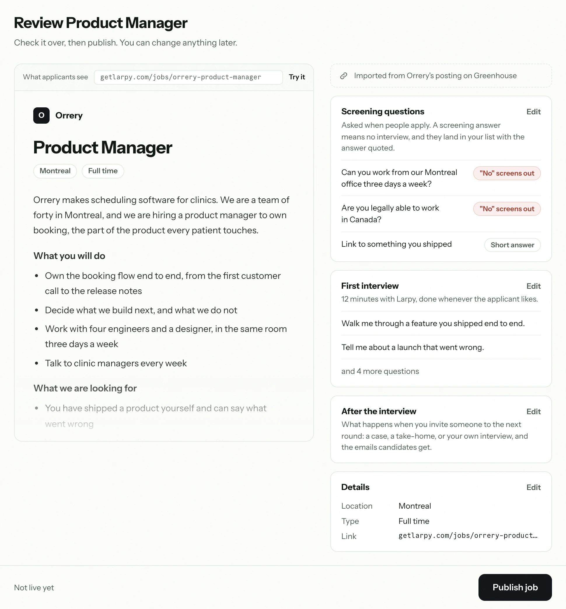 Reviewing a Product Manager job in Larpy before publishing: the job page applicants will see, the screening questions and the first interview.