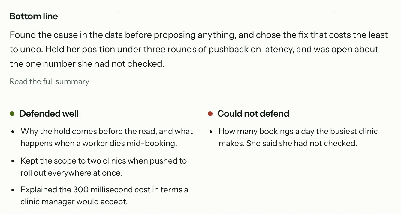 The result: the bottom line, what the candidate defended well, and what she could not defend.