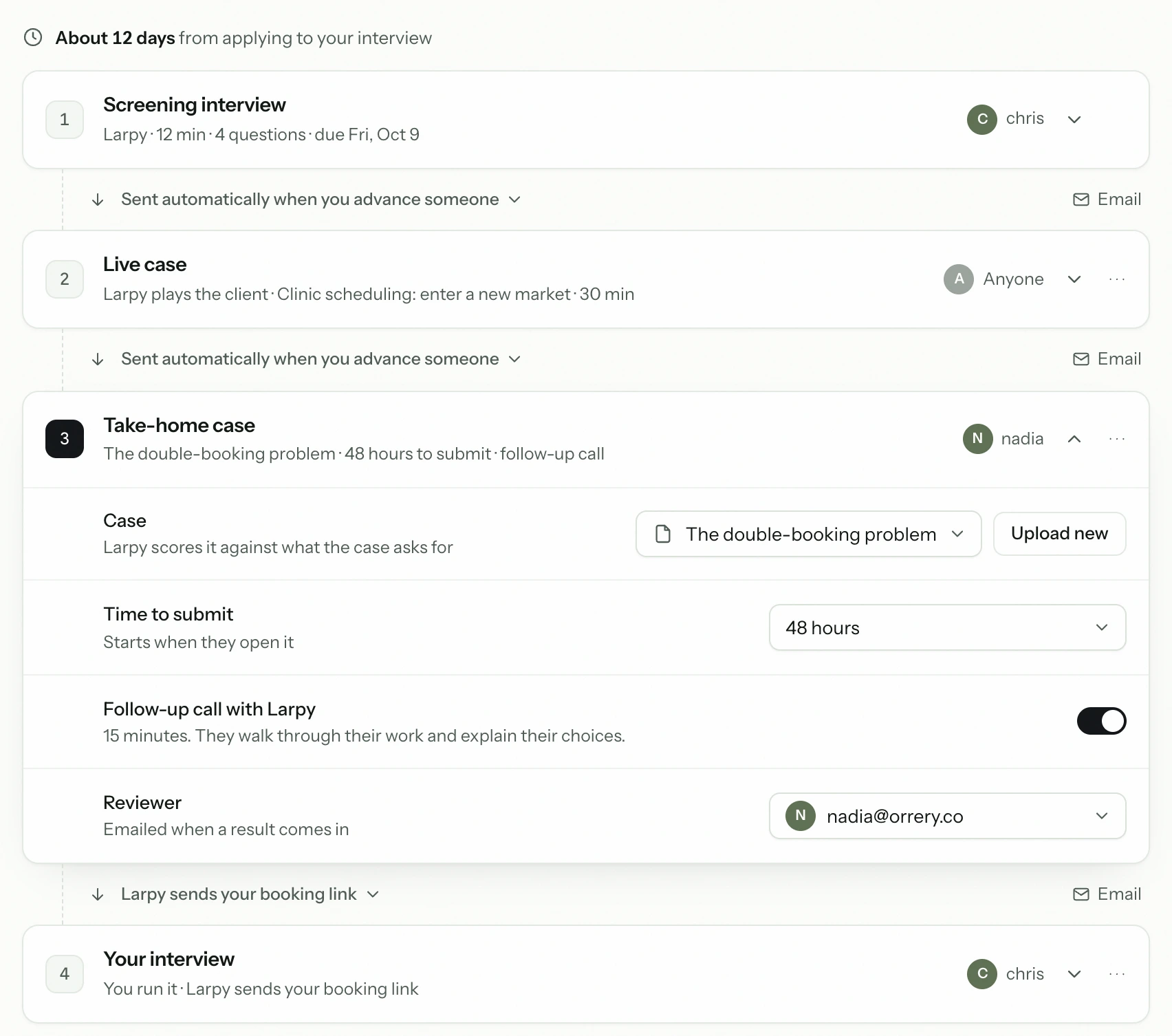 Setting up a take-home case for the role: the brief, 48 hours to submit, and a follow-up call with Larpy.