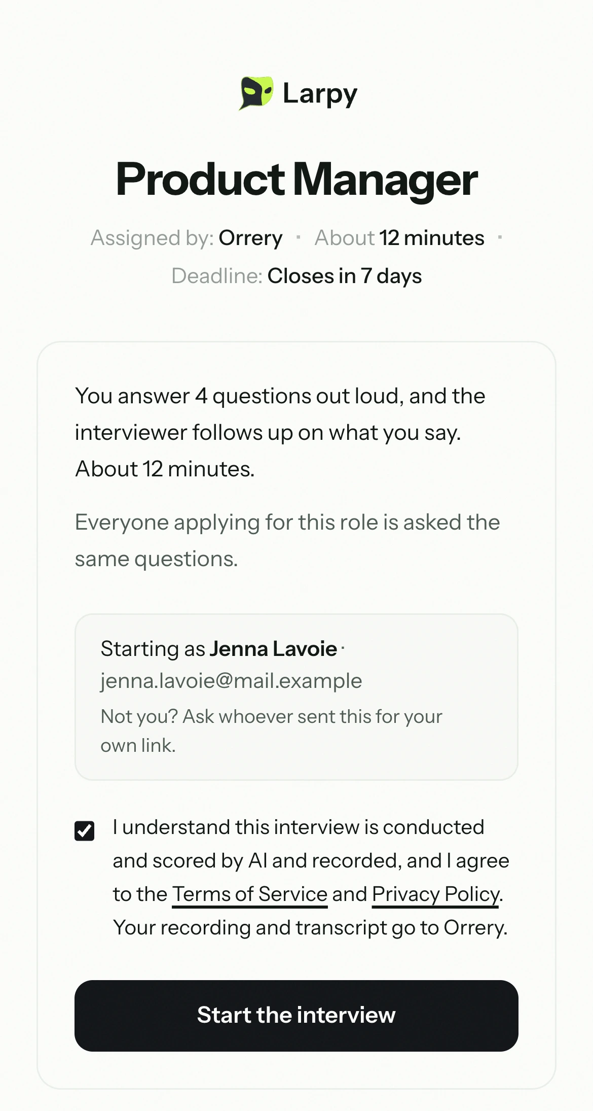 What the candidate sees before starting: the role, the company and a Start the interview button.