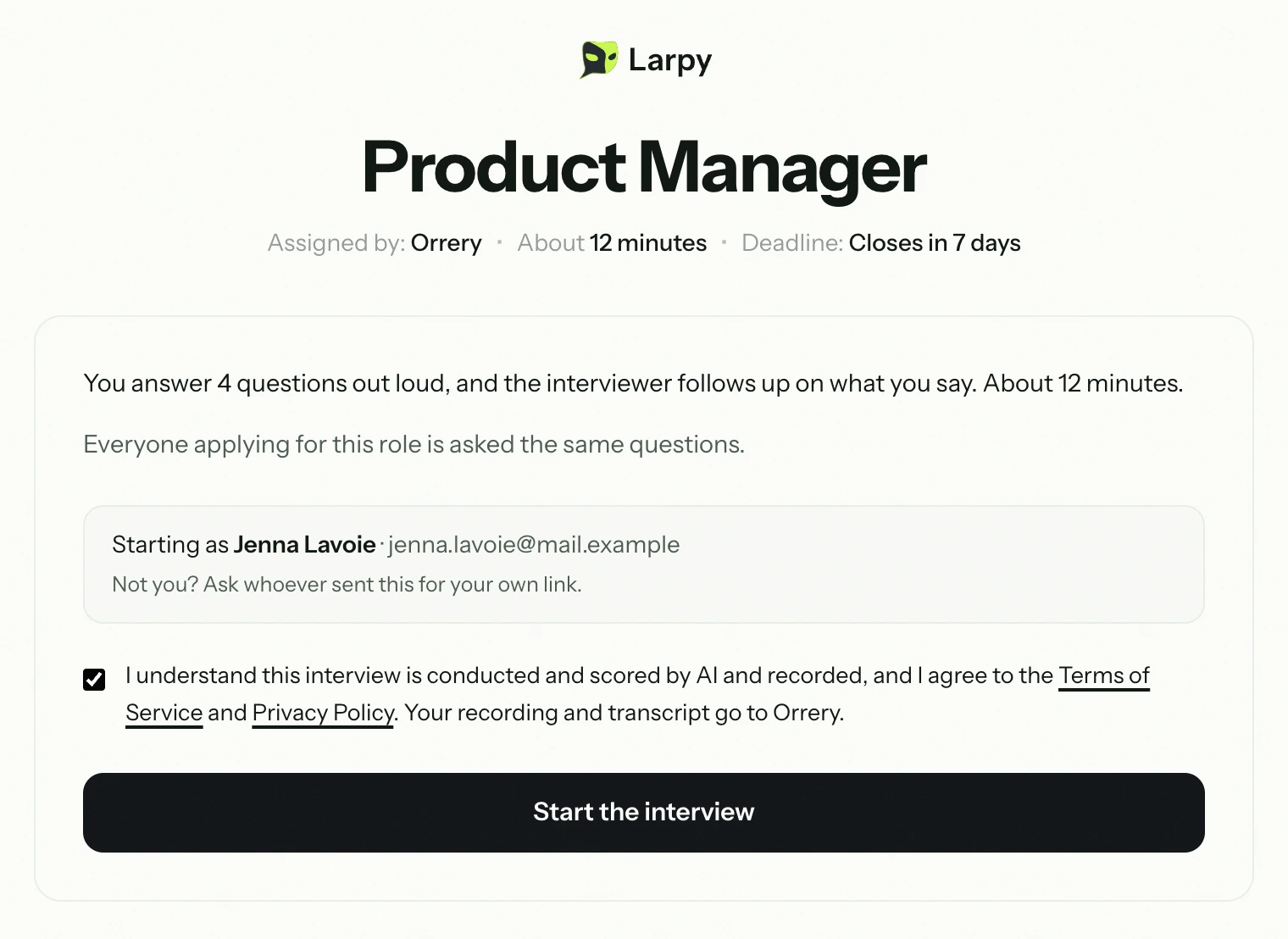 What the candidate sees: the role, the company, about 12 minutes, and a Start the interview button.