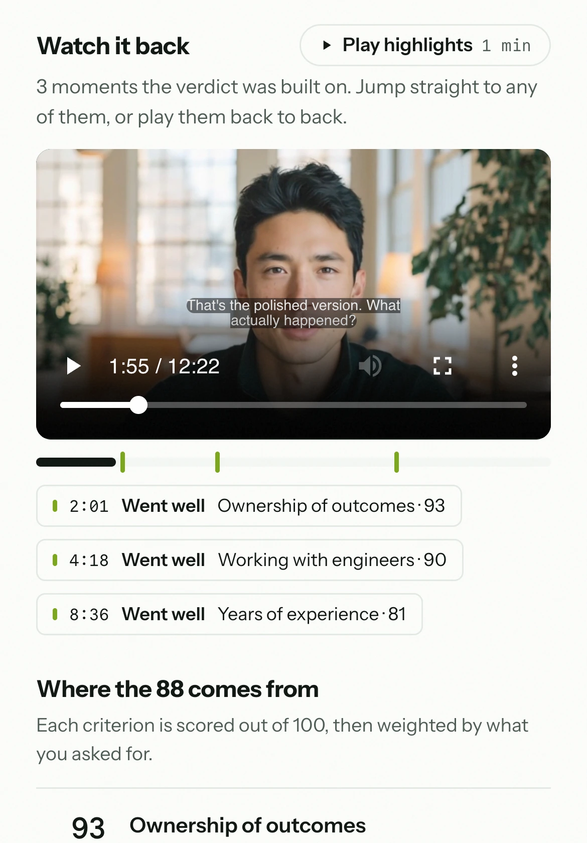 A candidate’s interview in Larpy: a score of 88, a summary, and the recording.
