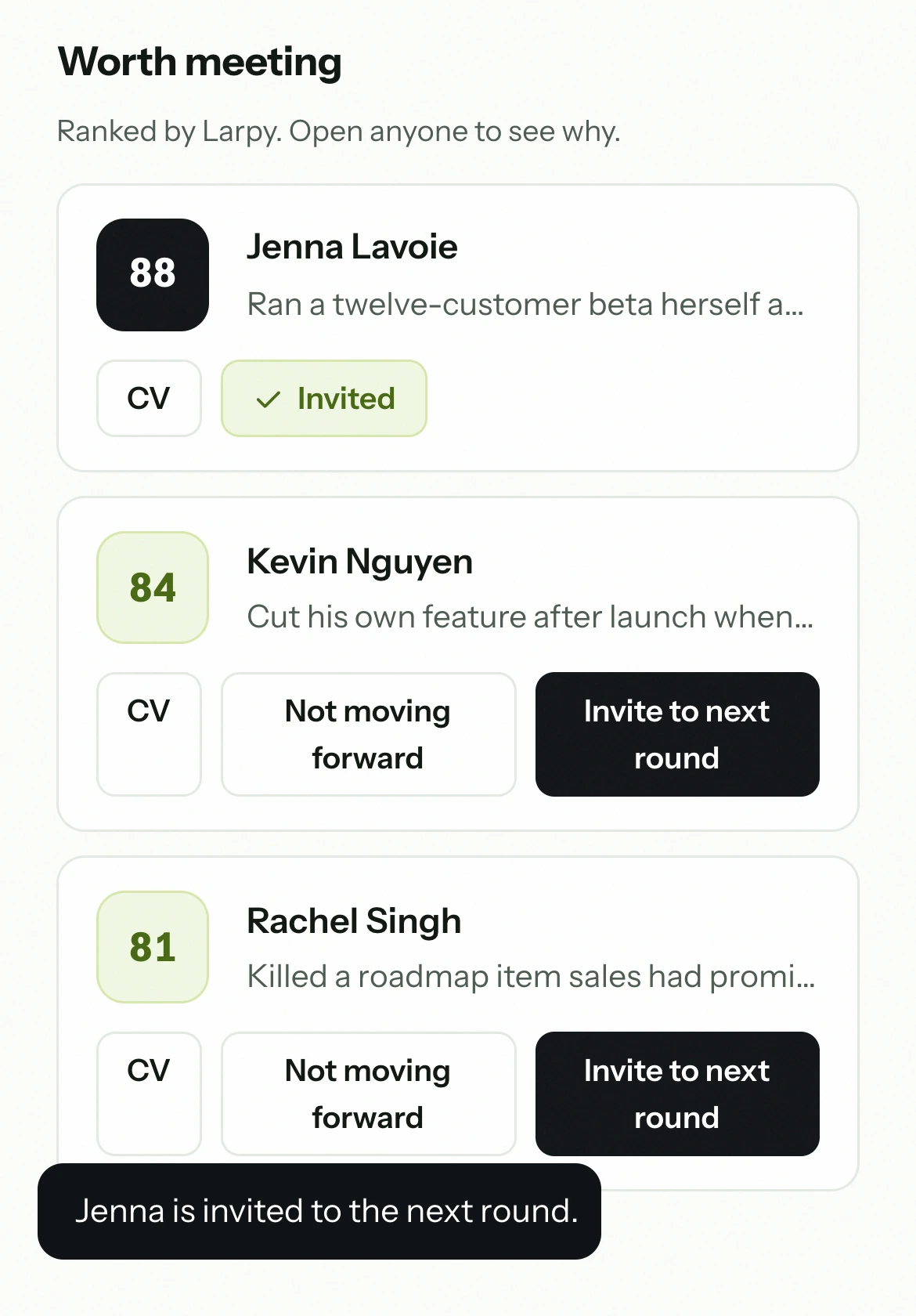 After inviting the top candidate: her card shows Invited.